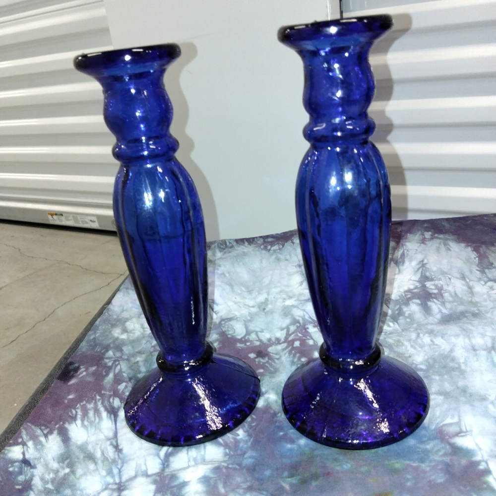 Vintage set Blue Cobalt glass candle holders